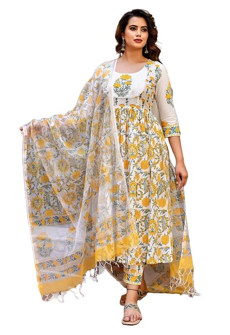 Buy Klosia Women Block Printed Anarkali Kurta And Pant Set With Dupatta