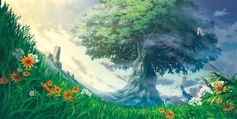 Free Download Anime Landscape Anime Girl Tree Flowers