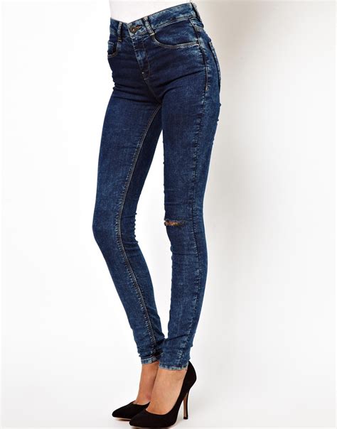 Asos Ridley High Waist Ultra Skinny Jeans In Dark Acid Wash With Ripped