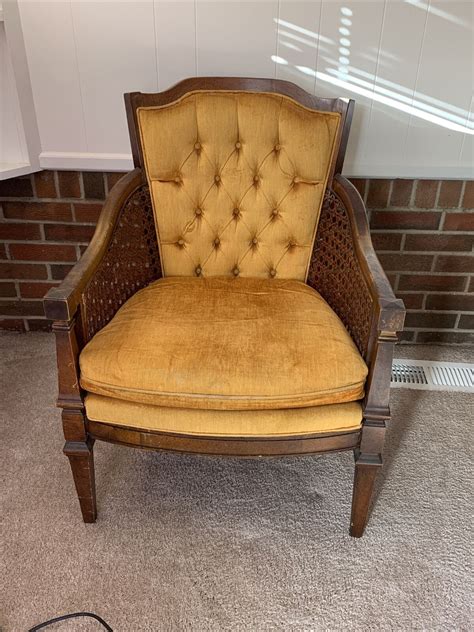 Vintage Arm Chair Gold Velvet Hollywood Regency Caned Barrel Chair (NW