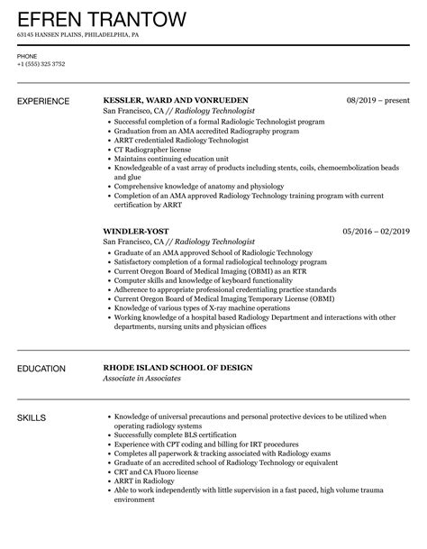 resume for radiology technician yafgca