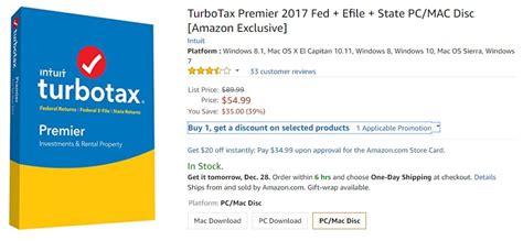 Amazon TurboTax Premier 2017 Fed E File State Package Promotion