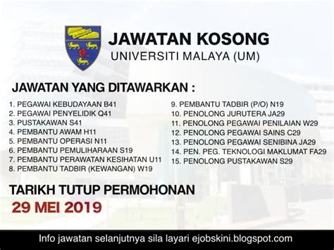 Juruukur bahan kekosongan baru 2019 lokasi kekosongan : Jawatan Kosong Universiti Malaya (UM) - Tarikh Tutup 29 ...