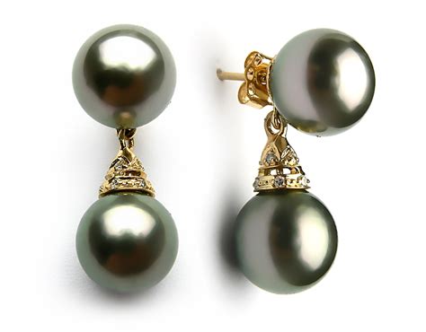 Black Tahitian Pearl Diamond Earring 9mm 10mm Aaa Pearl Earrings