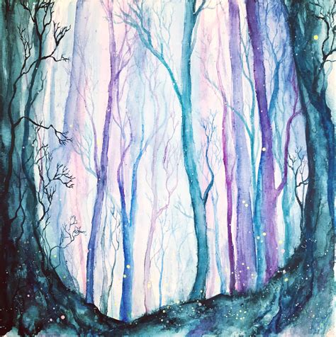 Mystical Forest Original Watercolor Painting On Canvas By Haley