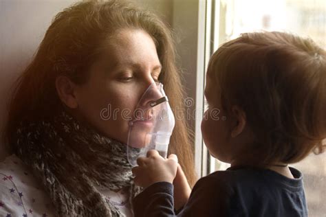 Sick Girl Makes Inhalation With A Mask On His Face Stock Image Image