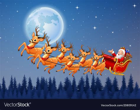 Santa Rides Reindeer Sleigh Flying In Sky Vector Image