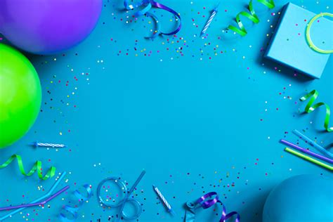 Bright Festive Blue Background With Birthday Party Accessories Stock