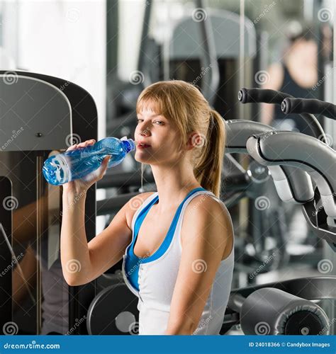 Woman Drink Water At Fitness Machine Stock Photo Image Of Fitness