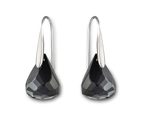 Lunar Jet Hematite Pierced Earrings Swarovski Black Drop Earrings