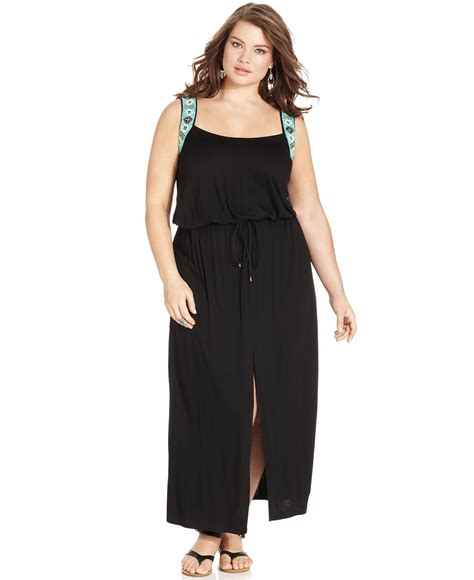 Jessica Simpson Plus Size Sleeveless Beaded Drawstring Maxi Dress