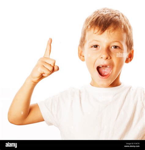 Little Cute White Boy Pointing In Studio Isolated Close Up Stock Photo