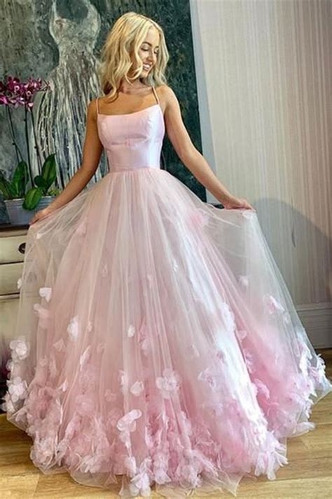 Pink Tulle Floral Long Prom Dresses Spaghetti Straps Pink Floral Long