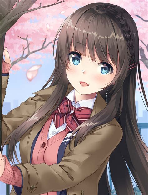 Download 1536x2048 Anime School Girl Cherry Blossom Brown Hair Braid