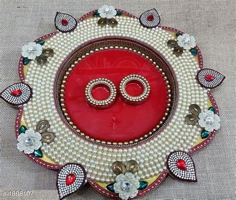 Decorative Kundan And Pearl Studded Wooden Pooja Thali Cloudneel