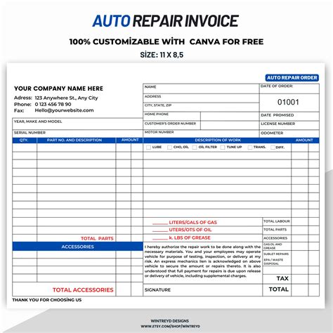 Auto Repair Invoice Template Automotive Service Invoice Template Etsy