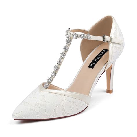 Erijunor Women Lace Bridal Shoes Mid Heel With Rhinestones T Strap