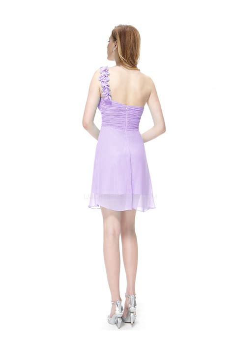 A Line One Shoulder Short Lilac Chiffon Bridesmaid Dresseswedding