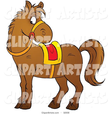 Brown Pony Wearing Reins And A Yellow And Red Saddle Clipart By Alex