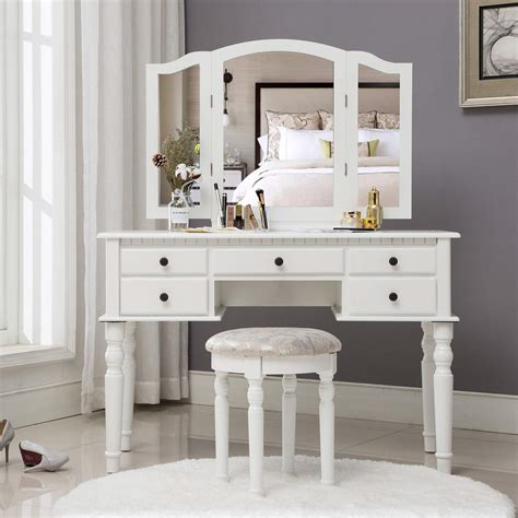 Buy Makeup Vanity Table With Tri Folding Mirror Dressing Table White