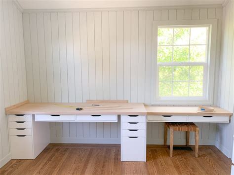 The simple desk base is made from readily available wood from the home center while the top is cherry hardwood for a stunning accent. Home office desk built-in with Ikea Alex drawer hack ...