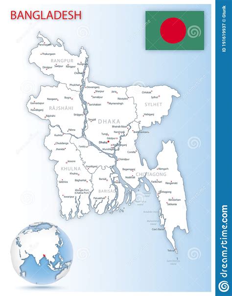 Detailed Bangladesh Administrative Map With Country Flag And Location