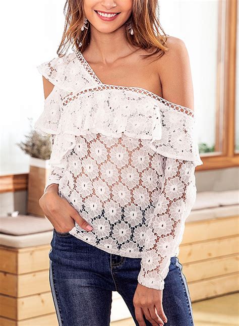 white casual one shoulder long sleeve lace hollow out ruffle blouse