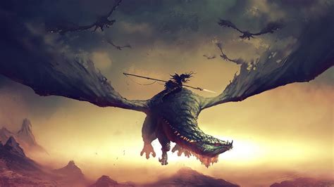 Fantasy Dragon Is Flying Above With A Man On Back Hd Dreamy Wallpapers