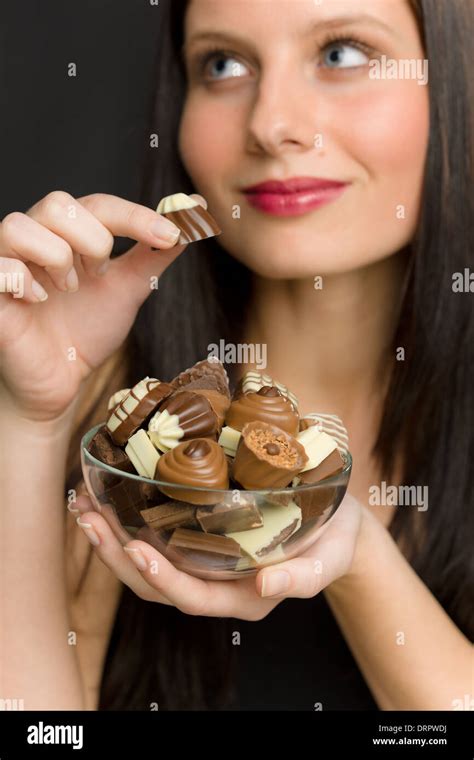 Chocolate Portrait Young Woman Enjoy Candy Stock Photo Alamy
