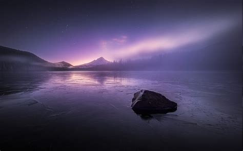 Nature Landscape Mist Sunset Lake Mountain Starry Night Forest Frost