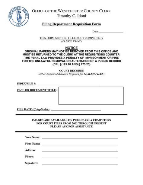 Westchester County New York Filing Department Requisition Form Fill