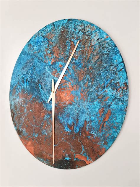 Round Copper Wall Clock Large Copper Patina Clock Interior Etsy