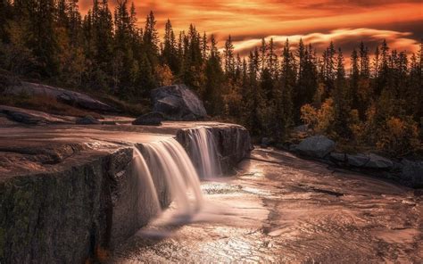 Nature Landscape Waterfall Forest Sunset Long Exposure Trees Fall Sky Clouds Stones