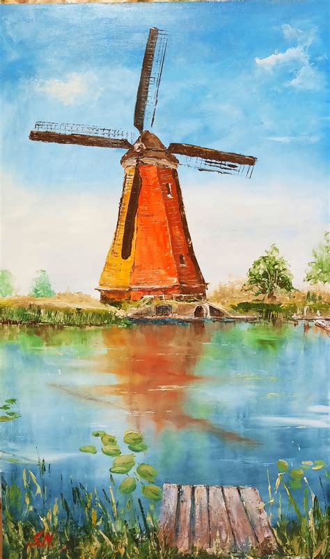 Windmill Painting Original Painting Old Mill Art Oil Painting Etsy