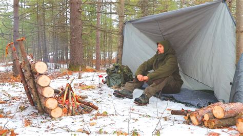 Solo Backcountry Winter Camping And Campfire Cooking Bushcraft Tarp Shelter
