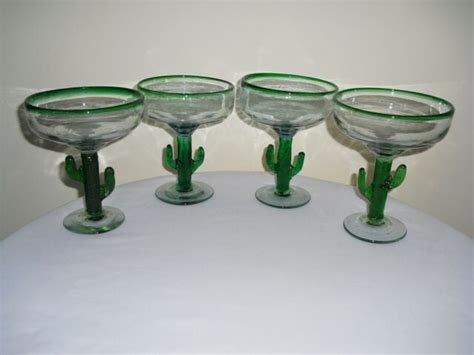Set Of 4 Mexican Hand Blown Bubble Glass Margarita Glasses Green Saguaro Cactus Ebay