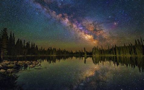 Landscape Mountains Night Trees Pine Trees Lake Reflection