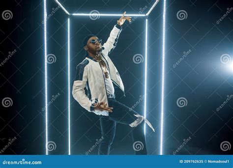Rapper In Sunglasses Poses In Illuminated Cube Stock Image Image Of Live Breakdancer 209762635