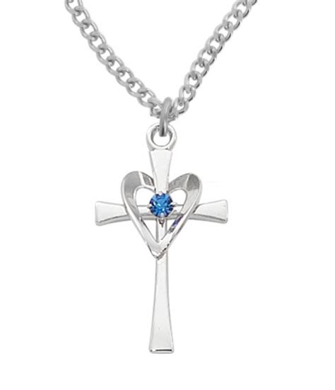 Silver Blue Womens Cross With Heart Necklace