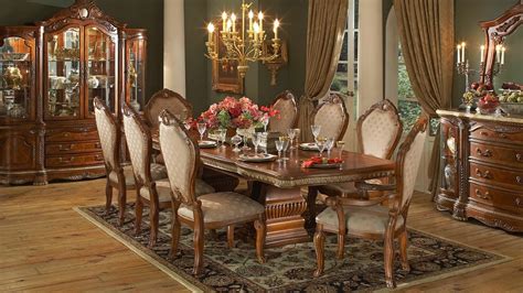 This set has a dark wood table with the legs at the four corners. Formal Dining Room Sets with China Cabinet - YouTube