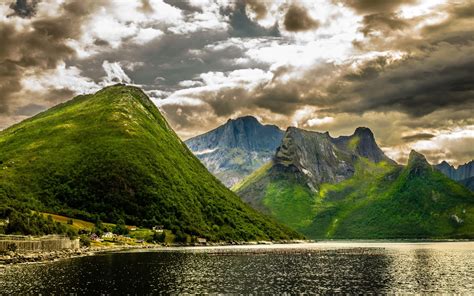 Summer Landscape Green Norwegian Mountains Rocky Peaks Lake Hd Desktop