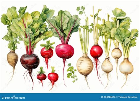 Watercolor Drawing Set Of Beets Of Different Types Red And White Beet Roots With Green Leaves