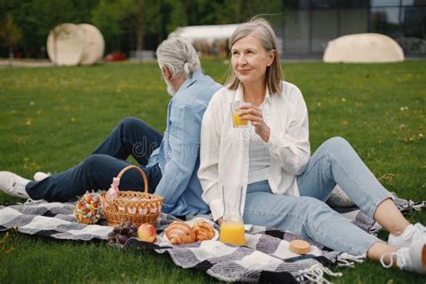Senior Couple Having A Great Time On A Picnic In Summer Stock Image
