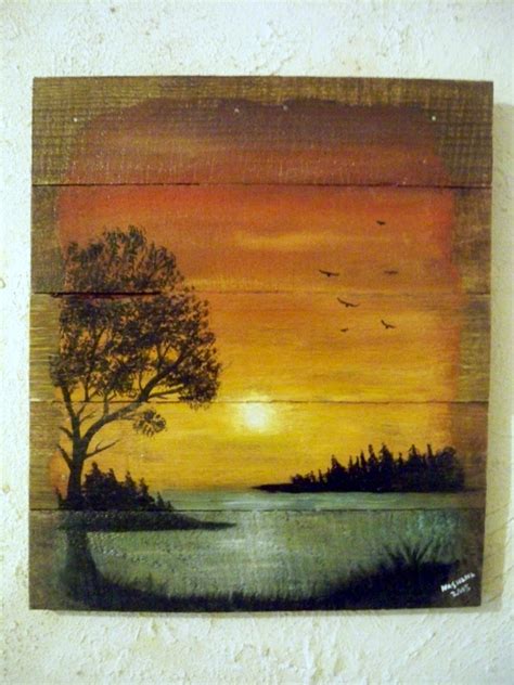 Pallet Wood Paintinglandscape Lake Sunset Acrylic On Reclaimed