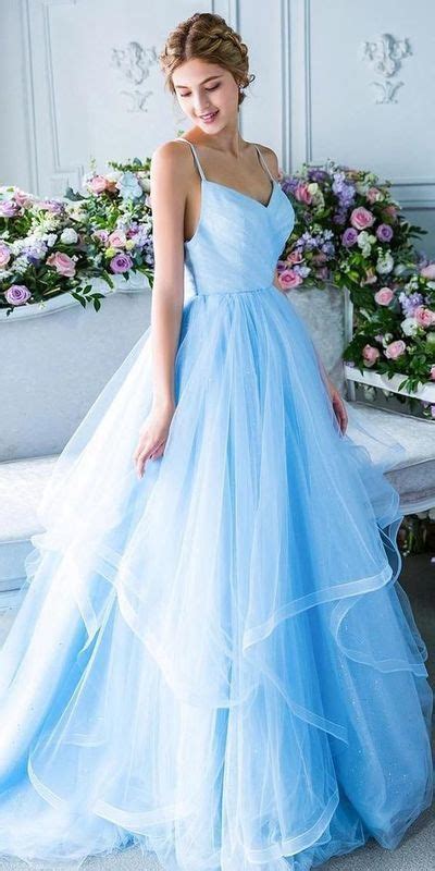 Modest Light Blue Tulle Long Prom Dress With Tiered Skirt Wedding Party