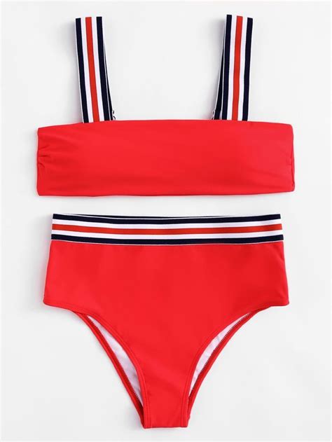 Shein Striped Straps High Leg Bikini Set Bikinis Swimwear Swimsuits