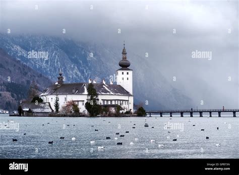Monastery On The Island Of Alpine Lake In Gmunden By Salzburg Austria