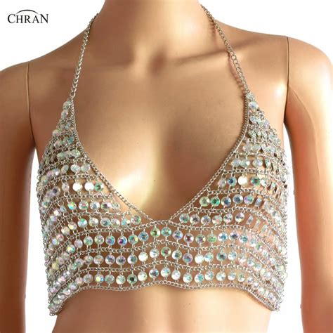 chran chain ab gem crop tops glitter top beachwear harness necklace bohemian womens chainmail