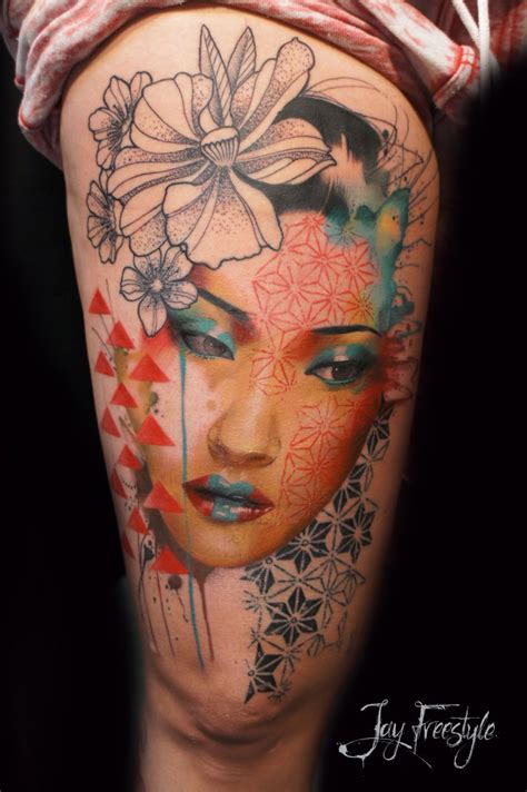 Neo Japanese Style Half Colored Thigh Tattoo Of Woman Face With