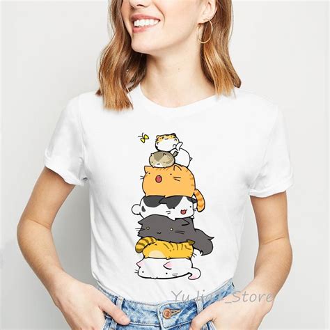 Satın Alın A Stack Of Cats Print Funny T Shirts Women Harajuku Kawaii
